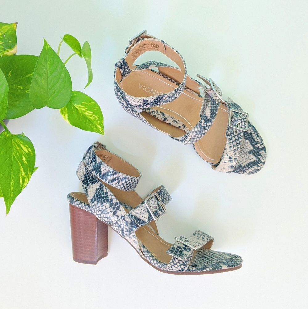 Vionic Snake Patterned Three Strapped Buckle Heels